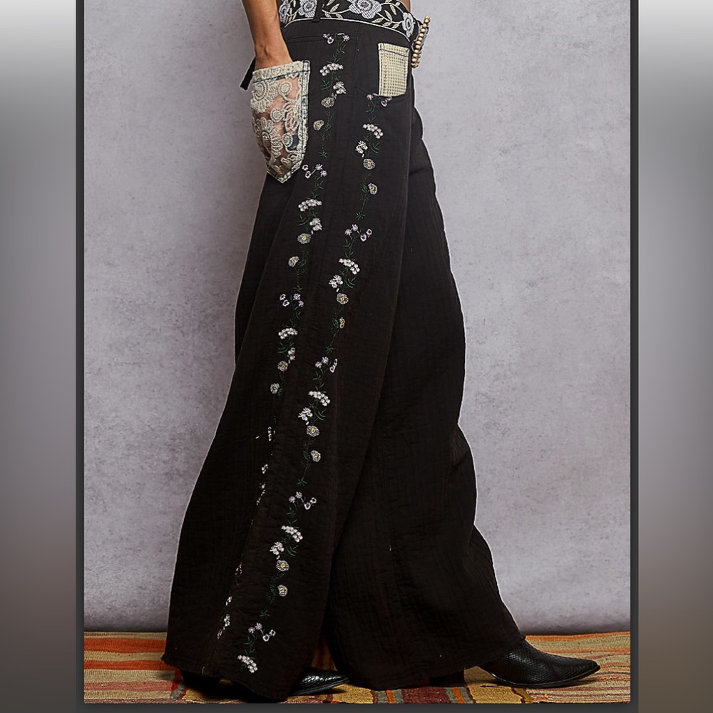 POL Black Floral Embroidered Pants